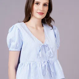 MINGLAY Striped Puff Sleeve Cinched Waist Top image 3