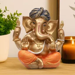 casacraft from pepperfry Ashnam Pheta Blessing Ganesha Decorative Showpiece - Gold & Orange, 12.2cm image 1