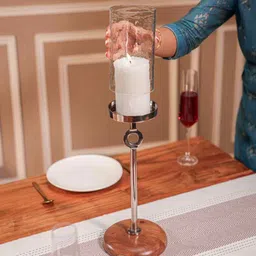 ireka homes Aurora Acacia Wood Candle and T-Light Holder with Metal Stand & Glass image 5