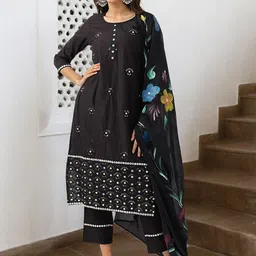 Ishin Floral Embroidered Pure Cotton Straight Kurta With Trousers & Dupatta-picture-10