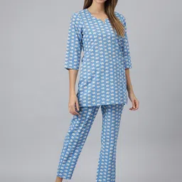JAIPUR ATTIRE Women Blue & White Printed Cotton Night suit-JANS08-Sky Blue-picture-11