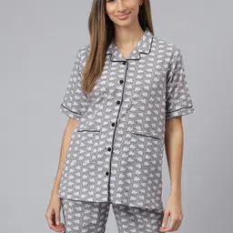 JAIPUR ATTIRE Women Grey & Off White Printed Night Suit-JANS09-Grey-image-71