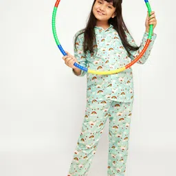 frangipani Girls Sea Green & Red Pure Cotton Printed Night suit-image-35