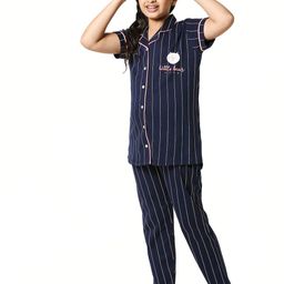 Zeyo Girls Navy Blue & White Striped Night suit-picture-28