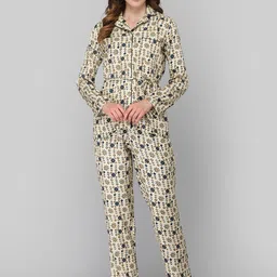 DRAPE IN VOGUE Women Cream-Coloured & Navy Blue Printed Night suit-picture-12