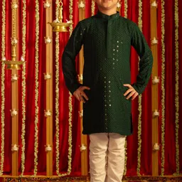 VASTRAMAY Boys Ethnic Motifs Embroidered Sequinned Straight Kurta with Trousers image 2