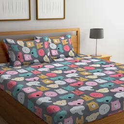 KLOTTHE Grey Printed Fitted 300 TC Double King Bedsheet With 2 Pillow Covers image 1