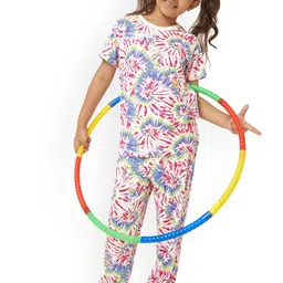 frangipani Girls Blue & Pink Tie & Dye Printed Pure Cotton Night Suit-image-33