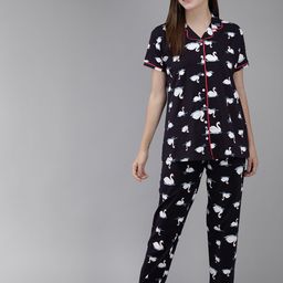 Zeyo Women Navy Blue Printed Cotton Night suit-picture-29