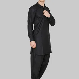 ROYAL KURTA Men Black Solid Cotton Blend Pathani Kurta with Salwar image 4