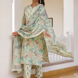Anouk Cream Floral Printed Pure Cotton Straight Kurta With Trousers & Dupatta image 5