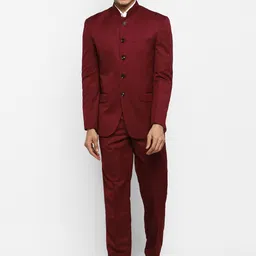 ROYAL KURTA Men Maroon Solid Bandhgala PolyViscose Suit image 2