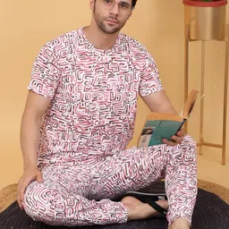 Sweet Dreams Pink & White Abstract Printed Round Neck Night suit image 4