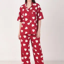 Masha Conversational Printed Lapel Collar Neck Short Sleeves Pure Cotton Shirt & Pyjamas image 1