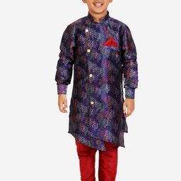 Pro-Ethic STYLE DEVELOPER Boys Navy Blue Floral Printed Angrakha Pure Silk Kurta with Pyjamas-picture-46