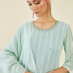 Soch Floral Embroidered Mirror Work Puff Sleeves Kurta with Trousers & Dupatta image 2