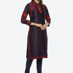 Biba by Rohit Bal Floral Embroidered Mandarin Collar Straight Kurta with Churidar & Dupatta image 5