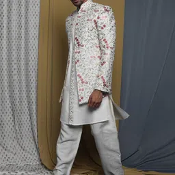 Krishna Mehta Floral Embroidered Pure Cotton Sherwani Set image 5