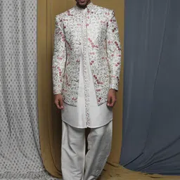 Krishna Mehta Floral Embroidered Pure Cotton Sherwani Set image 2