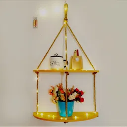 VAH Kya Bat Hai !! Yellow MDF 2 Tier Half Oval Wall Hanging Floating Shelf With LED Light-picture-19