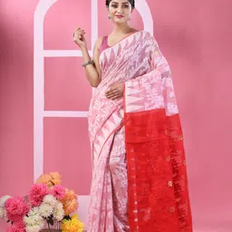 TANTLOOM Ethnic Motifs Pure Cotton Jamdani Saree-picture-39