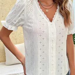 StyleCast White Self Design Puffed Sleeves Top-picture-32