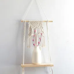 ecofynd Wooden Cotton Macrame Wall Hanging Shelf image 2