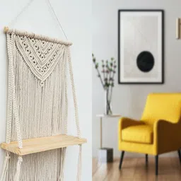 ecofynd Off White Cotton Macrame Wall Hanging With Wooden Shelf image 4