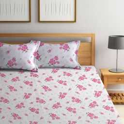 FABINALIV White Floral Cotton Blend King Size Fitted Double Bedsheet With 2 Pillow Covers image 2