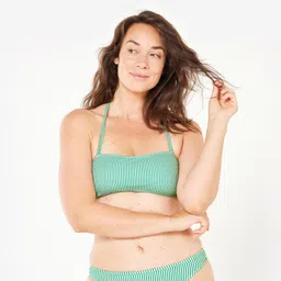 olaian Women’s surfing striped bandeau swimsuit top - Laura green and white-picture-11