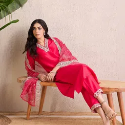 Indo Era Women Ethnic Motifs Embroidered Regular Kurta with Trousers & With Dupatta image 1