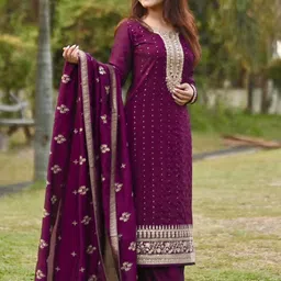 Libas Women Purple Floral Embroidered Sequinned Kurta  with Palazzos & Dupatta image 1