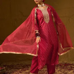 Indo Era Women Embroidered Regular Chanderi Silk Kurta with Trousers & With Dupatta image 5