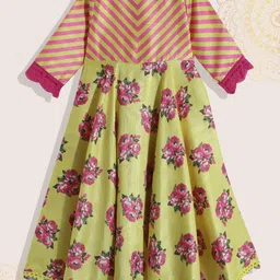 Biba Girls Green & Pink Floral Printed High-Low A-Line Kurta with Trousers & With Dupatta image 2