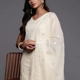 Libas Women Embroidered Mirror Work Pure Cotton Kurta With Trousers & Dupatta image 1