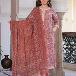 DORIYA Women Floral Printed Regular Thread Work Kurta with Trousers & With Dupatta image 2