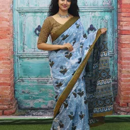 TROPWEAR Floral Pure Cotton Block Print Saree image 1