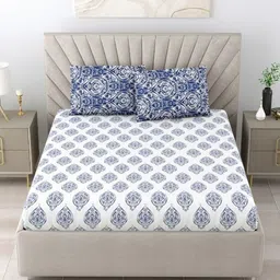 Salona Bichona Blue & White Ethnic Motifs 180 TC King Bedsheet with 2 Pillow Covers-picture-10