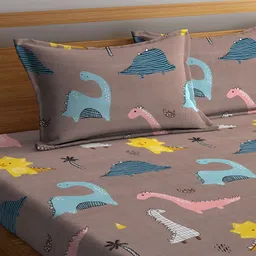 FABINALIV Brown & Blue Conversational 300 TC Fitted King Bedsheet with 2 Pillow Covers image 4