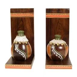 AAKRITI ART CREATIONS Set Of 2 Brown & Orange Coco Wall Decor Shelves With Vases image 2