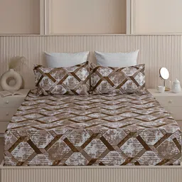 HOMEMONDE Camel Brown Printed Cotton 210 TC Fitted Queen Bedsheet with 2 Pillow Covers image 2