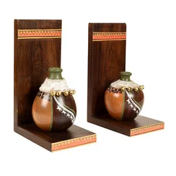 AAKRITI ART CREATIONS Set Of 2 Brown & Orange Coco Wall Decor Shelves With Vases image 3