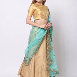Dupatta Bazaar Sea Green & Gold-Toned Embroidered Organza Dupatta with Zardozi image 4