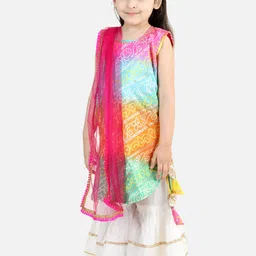 here&now x kinder kids Kinder Kids Girls Bandhani Printed Pure Cotton Straight Kurta & Sharara With Dupatta image 4