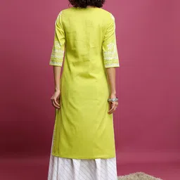 Vishudh Lime Green Ethnic Motifs Printed Round Neck Pure Cotton Kurta & Skirt image 5