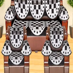 AZOTICA Black & White 12 Pcs Geometric Cotton 5 Seater Sofa Covers With Arms-picture-27