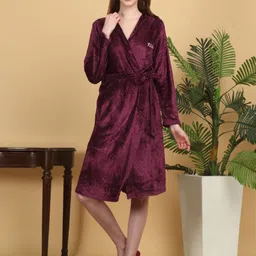 KLOTTHE Women Maroon Woolen Bath Robe With Belt image 1