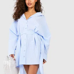 Boohoo High-Low Hem Striped Oversized Shirt Dress with Belt-picture-35