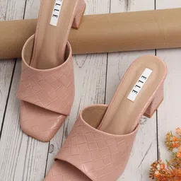 ELLE Peach-Coloured Textured Block Mules-image-16