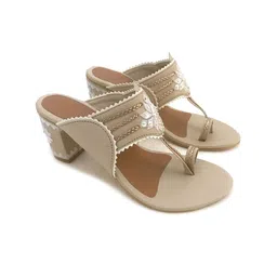 Sole House Women Cream-Coloured Embellished PU Block Ethnic Heels image 3